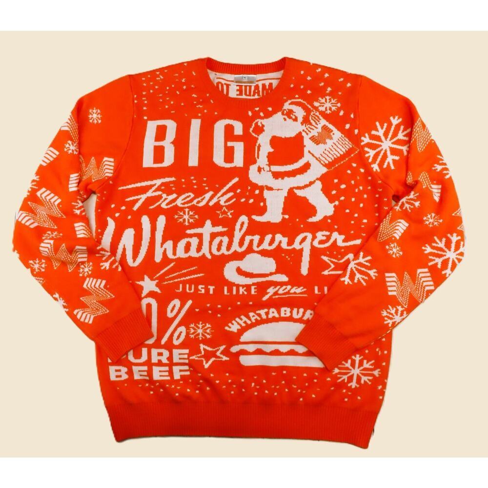 Whataburger Ugly Christmas Sweater Mens XL Pullover Orange Santa Logo Hamburger